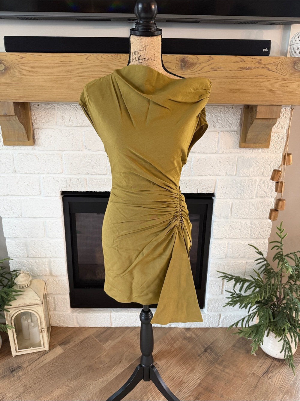 A.L.C. Olive Green Ruched Draped Mini Dress